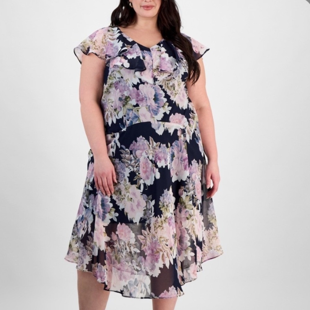 Connected Apparel Floral Chiffon Dress Womens 18W NWT Navy Ruffle Midi $89